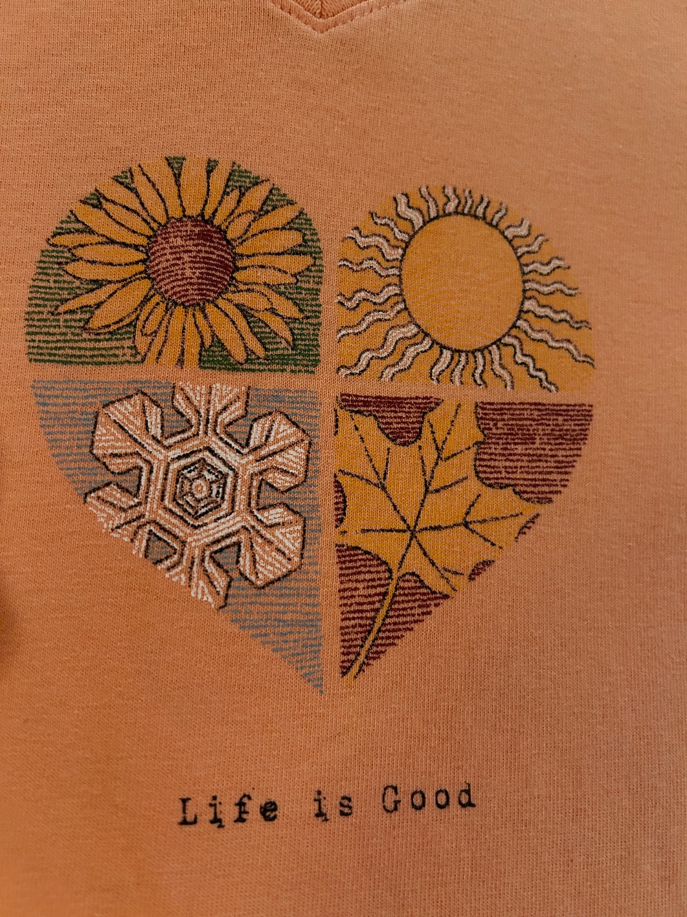 Life Is Good Long Sleeve Tee in Soft Peach color Seasons Heart Graphic